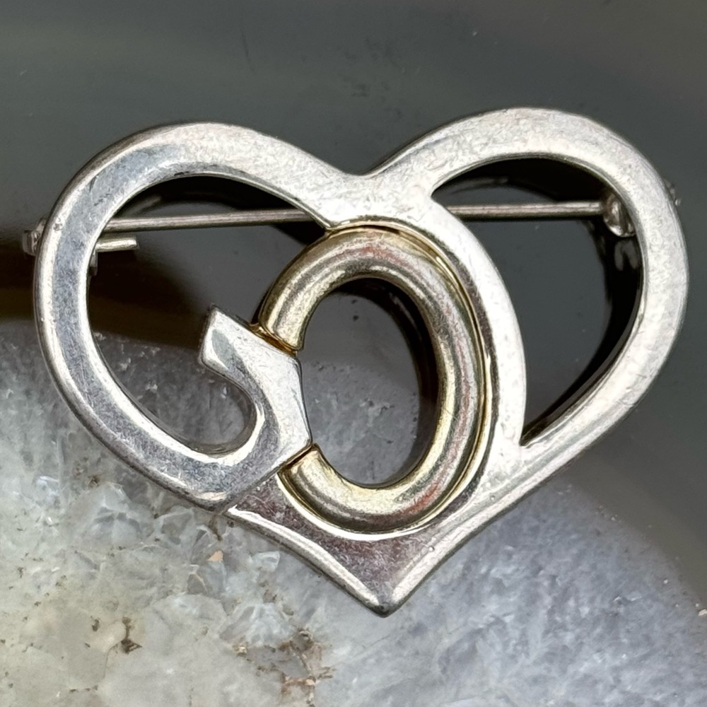 Elegant Heart-Shaped Silver and Gold-Tone Brooch, Stamped SJ